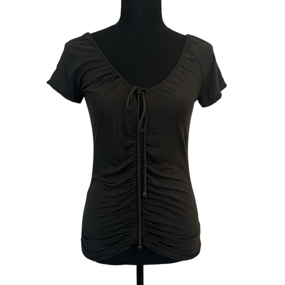 Essentiel Antwerp Blouse Ruched Drawstring Black Short Sleeve Size 2 Extra Small